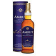 Amrut Cask Strength Whisky bottle with label, showcasing rich amber color and detailed branding on a wooden surface.