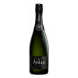 Bottle of Ayala Brut Majeur Champagne, a sparkling wine with a gold foil top and elegant label, on a neutral background.