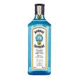 Bottle of Bombay Sapphire gin with distinctive blue glass and label, positioned upright on a plain background.