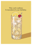 Personalised Spiritly Gifting greeting card with Tom Collins cocktail design, featuring vibrant colors and elegant script.