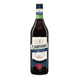 Carpano Classico Vermouth bottle with label, clear glass, and golden liquid inside, displayed against a neutral background.