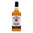 Jim Beam whiskey bottle with label and glass of whiskey, showcasing Jim Beam non-agency whisk(e)y in a clear glass.