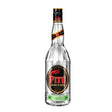Bottle of Pitu Cachaca, a Brazilian non-agency spirit, with clear label and golden liquid inside.