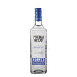 San Matias Pueblo Viejo Blanco Tequila bottle with clear glass, white label, and golden tequila inside.