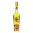 Bottle of Strega Liqueur by Strega Alberti, showcasing the distinctive label and vibrant yellow-green liquid in a clear glass bottle.